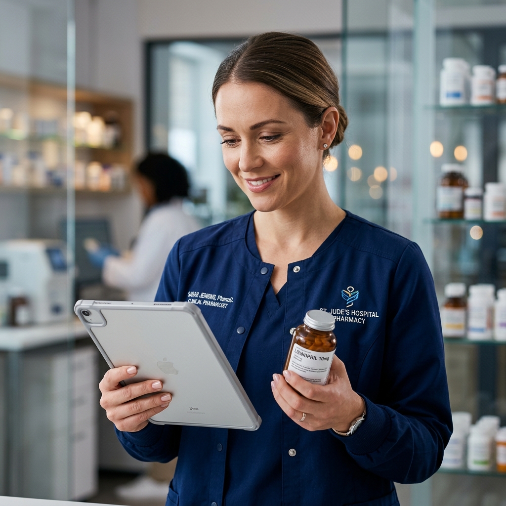 Professional clinical pharmacist verifying medicine packaging