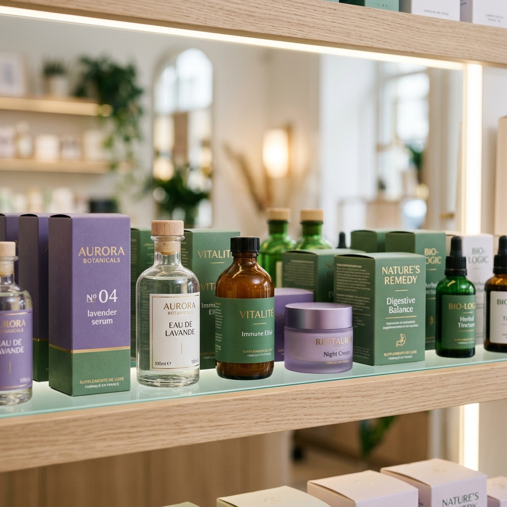 Modern apothecary shelf containing genuine medicine bottles and packages